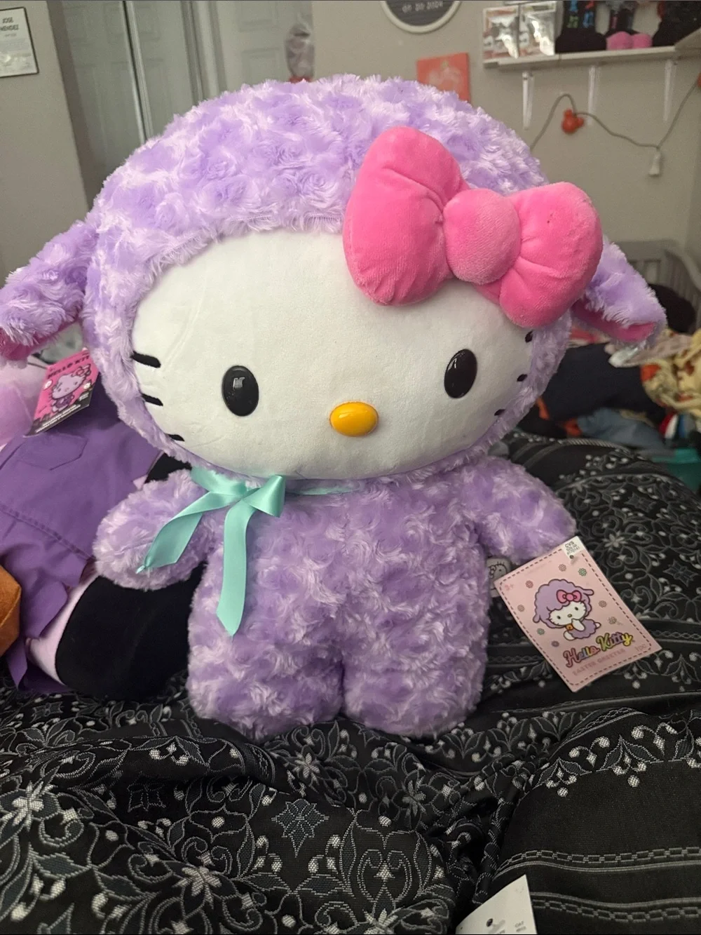 Hello Kitty Plush in Lavender Fuzzy Outfit with Pink Bow